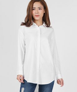 Áo sơmi nữ dài tay thêu hình nhỏ ở cổ